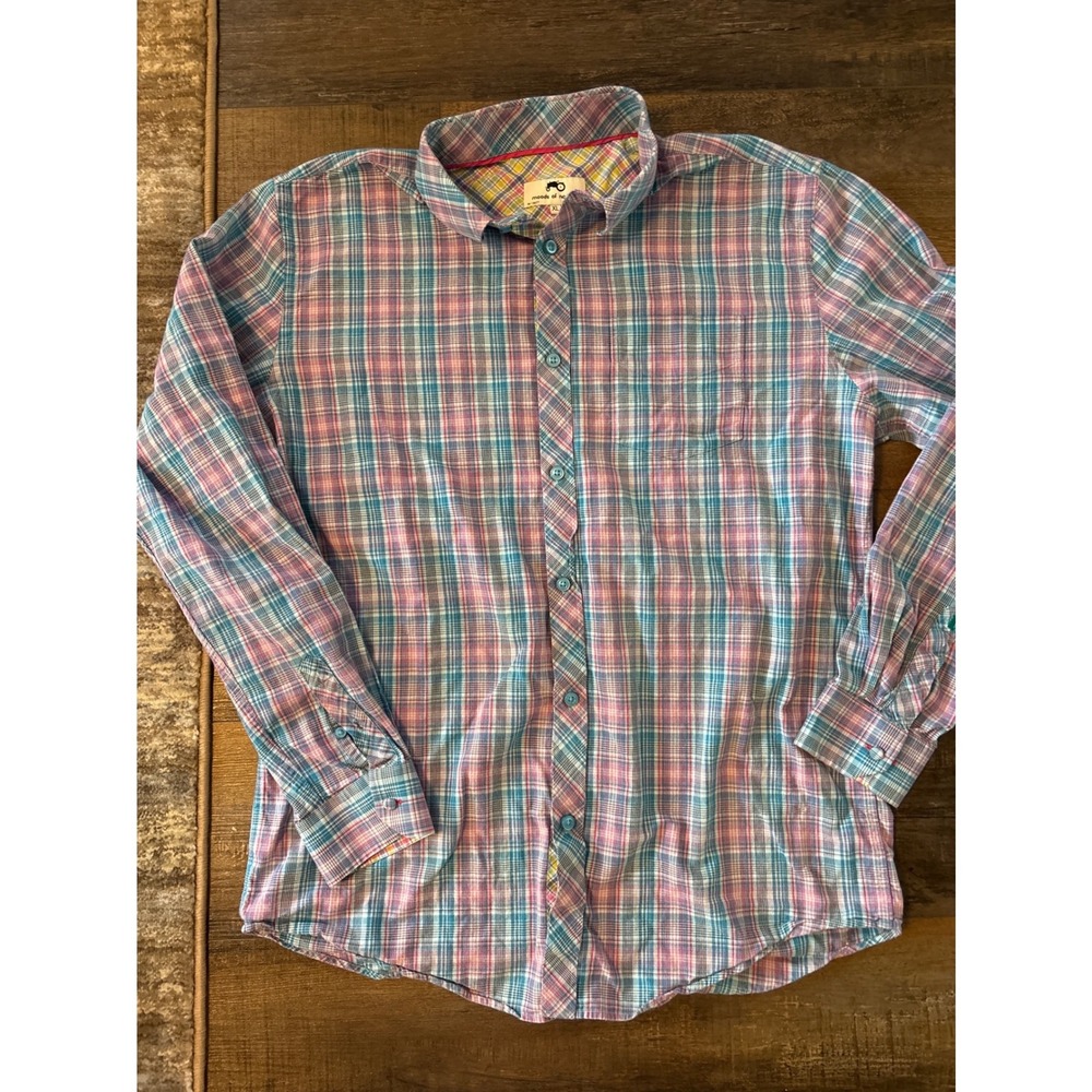 Moods of Norway Mens XL Plaid Button Down Shirt Pink Blue Long Sleeve Tractor